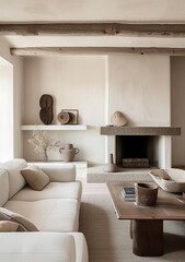 A serene living room showcases a textured fireplace, wooden beams, and minimalist sculptures, embodying a tranquil and modern aesthetic