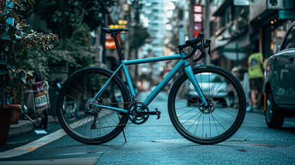 Fototapeta na wymiar Sleek and elegant high-end bicycle seamlessly blending with the urban backdrop, highlighting its lightweight design and exceptional performance capabilities. Conquer city streets with ease a