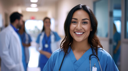 A smiling nurse in scrubs with a stethoscope around her neck stands confidently in a hospital corridor with her team in the background.