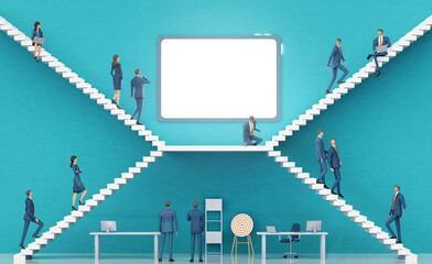 Business people walking up stairs and looking at big empty screen for text. Business environment concept with stairs is representing career, growth, success and achievement. 3D rendering