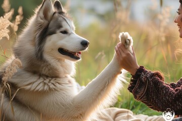A majestic wolfdog eagerly offers its paw to its human companion in a lush green outdoor setting,...