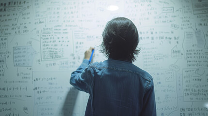 A person is seen from behind, writing on a whiteboard covered in various notes and diagrams, suggesting a brainstorming or problem-solving session.