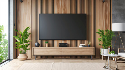 A stunning wall-mounted TV mockup in a luxurious living room, exuding elegance and sophistication. The sleek design and modern appeal of this high-end TV complements any upscale interior dec