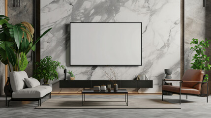 A stunning wall-mounted TV mockup in a lavish living space, exuding elegance and sophistication. The sleek design and modern aesthetic make it the perfect centerpiece for any high-end home.