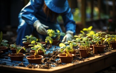 Gardener transplanting seedlings into individual pots in a greenhouse, demonstrating care and growth