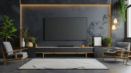 A stunning wall-mounted TV mockup in a luxurious living room, exuding elegance and sophistication. The sleek design and modern appeal of this high-end TV complements any upscale interior dec - obrazy, fototapety, plakaty