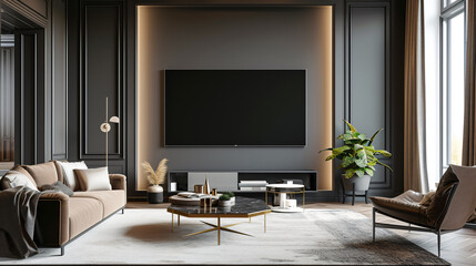 A stunning wall-mounted TV mockup in a luxurious living room, exuding elegance and sophistication. The sleek design and modern appeal of this high-end TV complements any upscale interior dec - obrazy, fototapety, plakaty