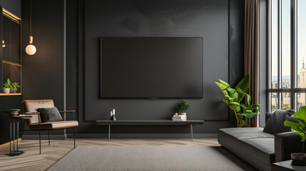 A stunning high-end wall-mounted TV mockup in a luxurious living room, exuding elegance and sophistication. The sleek design and modern aesthetic make it a perfect centerpiece for any upscal