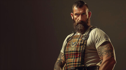 A formidable highland games athlete in his late 30s showcasing immense strength and unwavering cultural pride. He confidently wears a traditional kilt paired with a casual yet stylish T-shir - obrazy, fototapety, plakaty