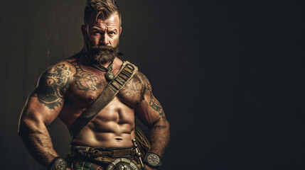 A rugged and muscular highland games athlete in his late 30s, radiating an aura of untamed strength and deep cultural pride. Dressed in a traditional kilt and a fitting T-shirt, he stands ta