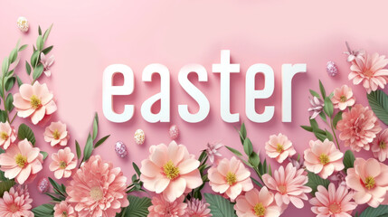 Easter greeting card with pink flowers and eggs on pink background. Easter banner with text Easter on pink background with high detailed spring flowers.