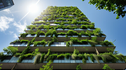 Fototapeta premium A stunning high-rise green building with lush living walls and state-of-the-art renewable energy systems to reduce its environmental impact.