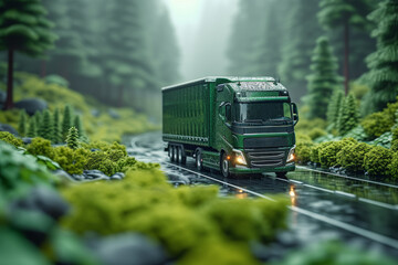 A green logistics company optimizing transportation routes for fuel efficiency and emissions reduction. Concept of sustainable logistics. Generative Ai. - obrazy, fototapety, plakaty