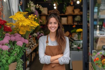 A fashionable lady adorned in floral clothing stands gracefully in front of a charming flower shop, surrounded by vibrant houseplants and beautiful floral arrangements, showcasing her love for floris