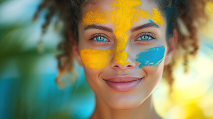 A happy Ukrainian woman with a face painted in the colors of the Ukrainian flag, yellow and blue