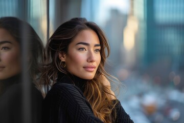 Fototapeta premium A fashionable woman with long, layered brown hair gazes wistfully out of a window, her black lip and street fashion reflecting the urban landscape she stands in