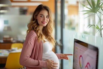 A joyous mother-to-be shares the excitement of her growing family as she proudly shows off the nursery plans on her computer screen, surrounded by the warmth of her home and the beauty of nature