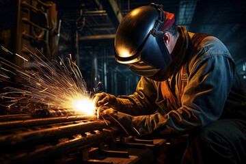 Welder at work in a factory. Metalwork manufacturing and construction. Generative Ai