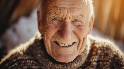 A heartwarming portrait of an elderly man in his 80s radiating joy with his wide, toothy smile. His thinning hair adds a touch of wisdom, while his cozy attire reflects comfort and contentme - Powered by Adobe