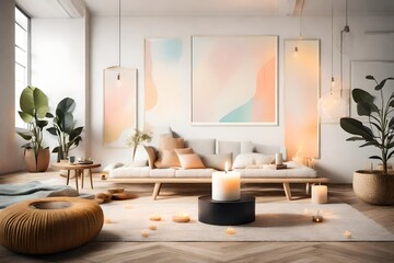 A room illuminated by a centered candle, surrounded by mockup elements that exude simplicity, beauty, and a touch of colorful charm. -