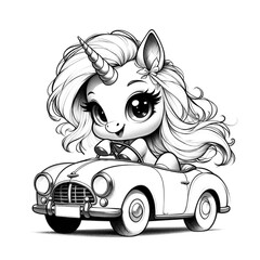 Unicorn girl driving a car sketch illustration