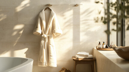Luxuriate in ultimate comfort with this plush bathrobe mockup. Hanging in a serene spa bathroom, it exudes opulence and promises a premium experience. Wrap yourself in its softness and indul - obrazy, fototapety, plakaty