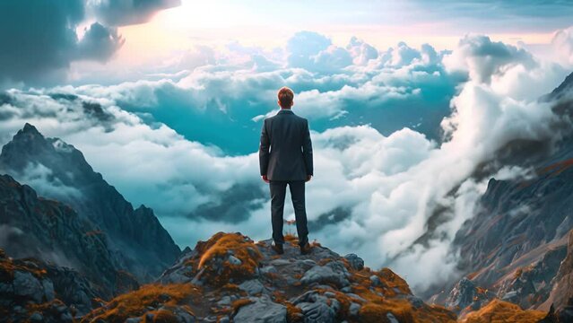 Successful Business man standing on the top of the mountain looking at the view. Business success concept 4k video leader