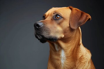 A loyal indoor companion, this brown dog with soulful brown eyes and a sturdy snout wears a collar with pride, representing its innate qualities as a beloved pet of the canine species