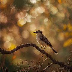 Serene Bird Perched on a Branch with Golden Bokeh Background