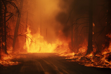 Inferno Unleashed: Ground-Level View of Wildfire Ravaging Forest