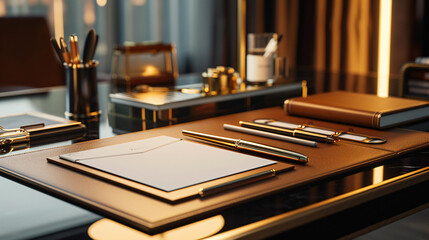 Fototapeta na wymiar A visually stunning luxury stationery set mockup showcased on an exquisite executive desk, highlighting the impeccable design and premium materials of the stationery. Perfect for presenting