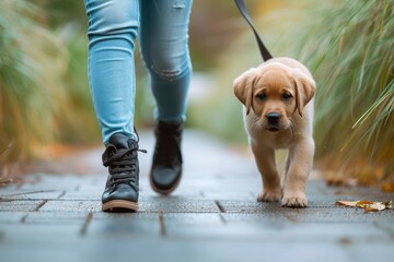 A stylish person stands on the ground, sporting jeans and comfortable footwear while walking a lively puppy of a popular dog breed on a leash in the great outdoors - Powered by Adobe