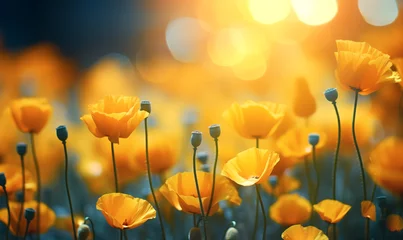 Fototapeten Field of yellow poppy wild flowers in the morning warm light, generative AI © emilio100