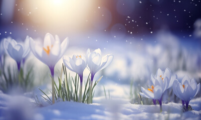 White crocus flowers blooming in snow in the soft morning light, generated by ai