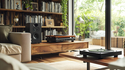 A stunning luxury record player in a vintage-inspired living room, bringing back the nostalgic charm of vinyl with its high-quality sound. The player stands out as the centerpiece, blending
