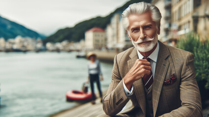 Stylish elderly gentleman with a white mustache posing confidently in a smart casual outfit by the sea, exuding sophistication and class.

