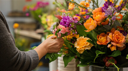 Women's hands create a chic bouquet of fresh flowers and decorative greenery for your congratulations. Master class on floristry. Screensaver design for a flower delivery website, holiday decoration.