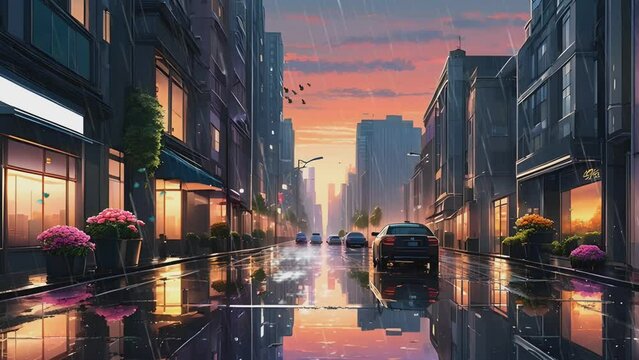 urban street atmosphere with tall buildings, reflection of buildings and sky on the street when it rains, in anime style