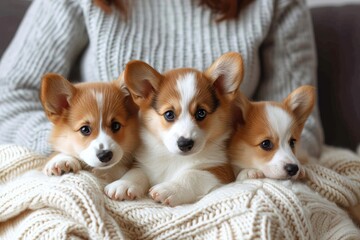 Cozy companionship as a brown welsh corgi litter snuggles up on their person's lap, enveloped in a warm blanket