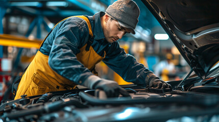 Fototapeta na wymiar Skilled mechanic tirelessly works under the hood of a car, ensuring top-notch performance in a bustling auto repair shop.