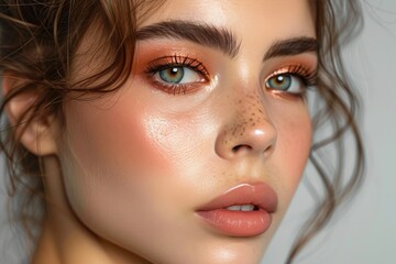 A closeup portrait of a fashion-forward woman with freckles and a flawless makeup look, featuring long eyelashes, defined eyebrows, and a pop of color on her lips and eyes