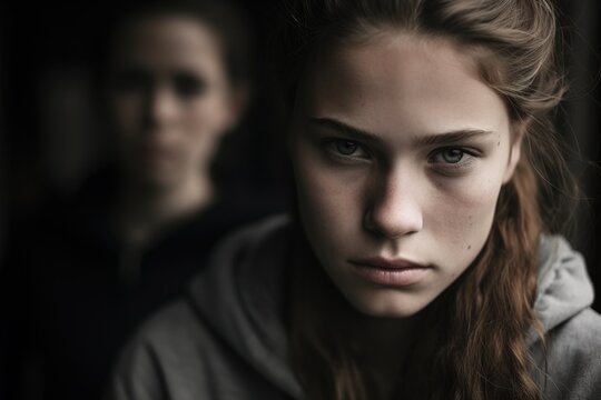 Close-up portrait of a serious teenage girl with neutral expression, long light brown hair, and gray hoodie. Blurred background with distant figure