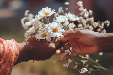 Close up hands exchange a bouquet of white daisies. The close up captures the essence of a shared moment, symbolizing unity, friendship