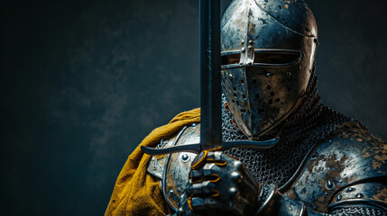 A gallant medieval knight reenactor in his late 30s, donning a suit of armor, exudes an aura of chivalrous valor. His noble appearance and unwavering determination bring history to life. - obrazy, fototapety, plakaty