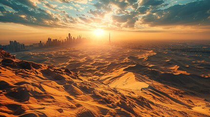 Sand dunes in arabian desert and rodent city view at horizon at sunset lights