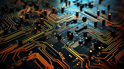 Supercomputer CPU and GPU, circuits mother board interconnection with neon glowing light