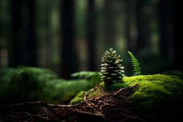 Foto auf Alu-Dibond A pine cone in forest, copy space background wallpaper © Radmila Merkulova