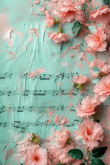 Pink Flowers Painting on Sheet of Music.  