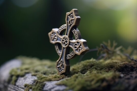 An ornate cross stands boldly atop a mossy log, captured in a close-up that highlights the interplay of culture and nature
