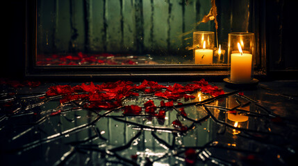 Burning candle in front of framed mirror on broken mirror on floor. Red petals are scattered...